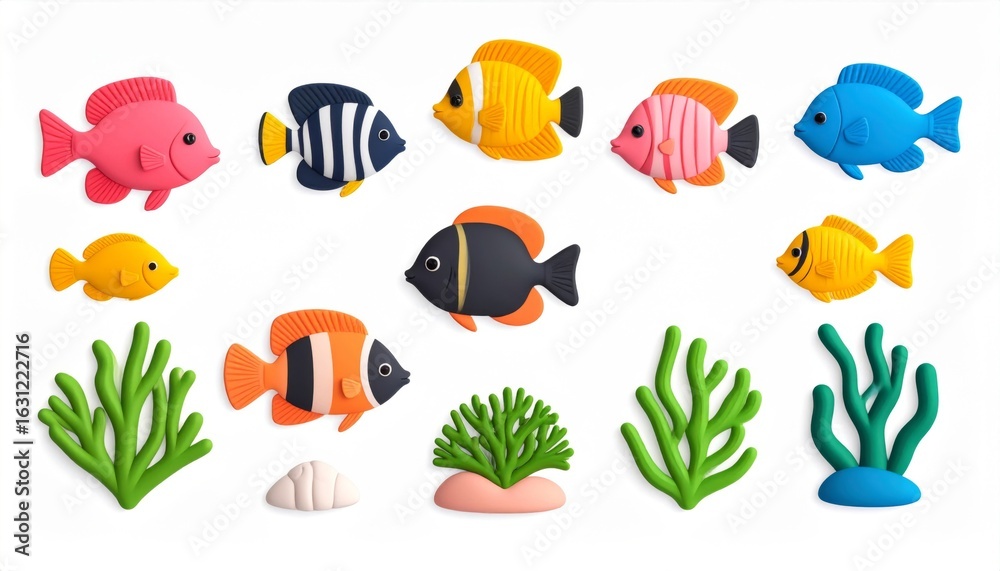 Naklejka premium Collection of Colorful Pixelated Fish and Seaweed Against a White Background