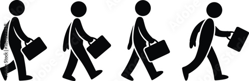 Stick figures walking with briefcases, business motion, human movement, stride progression, minimal, silhouette, corporate, action