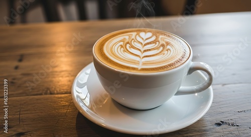A steaming hot latte with intricate latte art served in a white mug on a wooden table