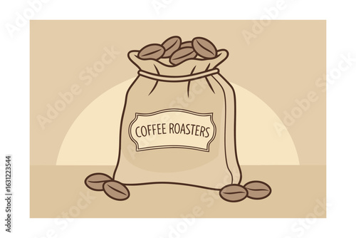 Coffee roasters burlap bag filled with coffee beans with a label and scattered beans