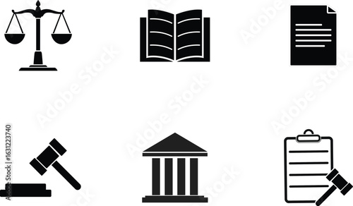 Law and Justice Icons – Gavel, Courthouse, Legal Documents, and Scales Vector Set