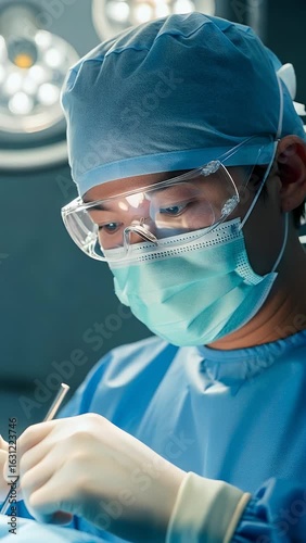 Surgeon performing operation operating room surgery medical healthcare hospital operating room sterile gloves mask goggles gown scalpel procedure patient medicine doctor