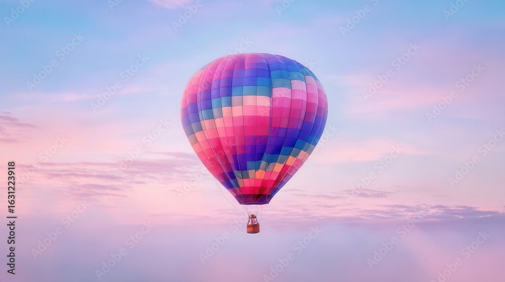 Fototapeta premium Multicolored hot air balloon floats peacefully in the pastel sky.