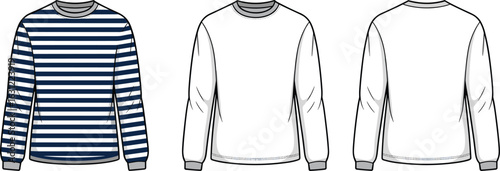 Art & IllustrationFlat technical sketch of striped and plain crewneck sweatshirt, front and back view, fashion design template, apparel CAD drawing, long sleeve pullover vector illustration
