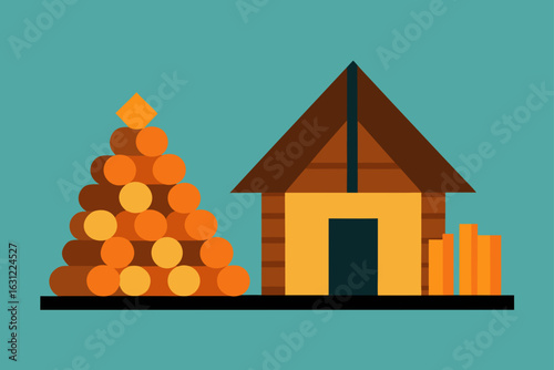 bundles of firewood stacked beside hut ready for winter