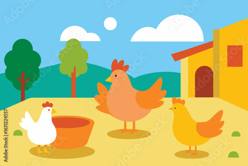 chickens pecking around courtyard in summer sun lively farmyard