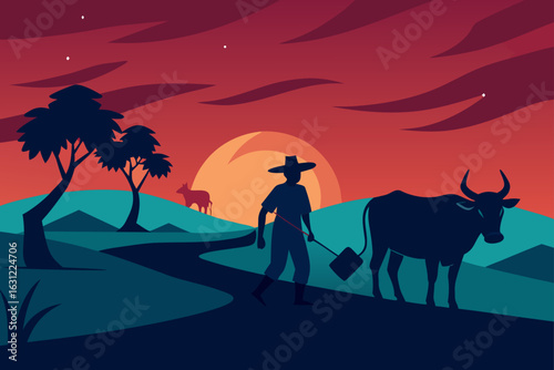 farmer returning from field with oxen at twilight