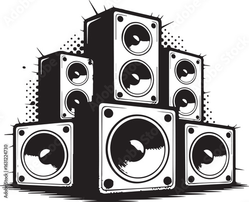 Grunge Speaker Stack Vector – Halftone Music System with Ink Splatter and Distressed Texture