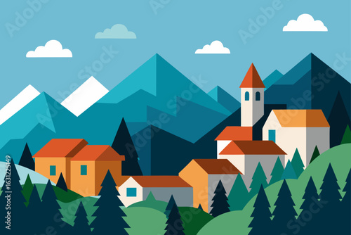 mountain village with rooftops nestled among trees