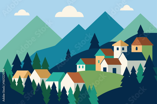 mountain village with rooftops nestled among trees peaceful view