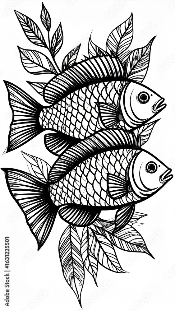 Fototapeta premium Monochrome Drawing of Two Detailed Fish with Leaves in a Decorative Pattern