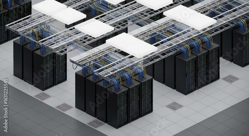 Data center infrastructure, featuring server racks, overhead cable trays with blue and yellow cables, and raised floor tiles, symbolizing high-tech computing and data processing.