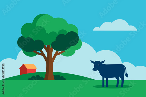 ox grazing under tree in quiet village field serene moment