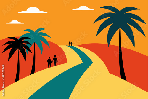 palm lined rural path with people walking relaxed stroll
