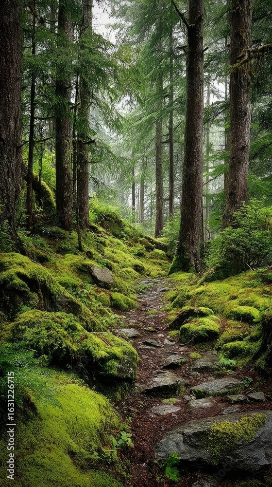Misty forest path, mossy rocks Misty forest path, mossy rocks