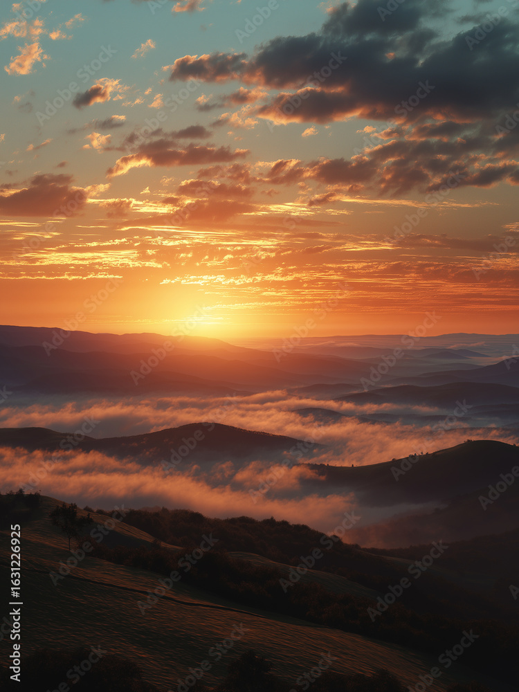 Fototapeta premium Sunset golden light over misty mountain landscape painting sky orange gold cloud.