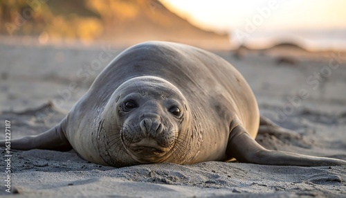 A large, grey seal rests on a sandy beach at sunset, looking directly at the camera