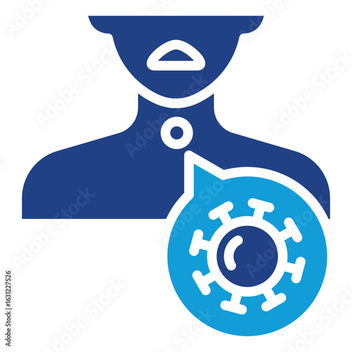 Throat Virus Glyph Blue Silhouette Icon Design Vector - Human upper torso with virus symbol near throat, indicating infection of respiratory tract