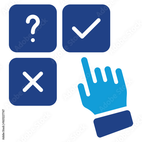 Multiple Choice Glyph Blue Silhouette Icon Design Vector - Hand pointer selecting among multiple options including check, cross, and question mark, representing quiz or decision-making