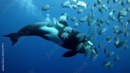 Orca surrounded by fish in deep blue water