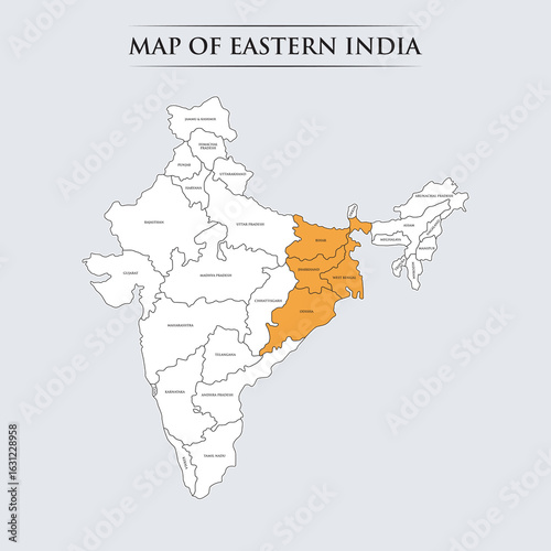 Map of easthern India with detailed geographic regions and state borders	
