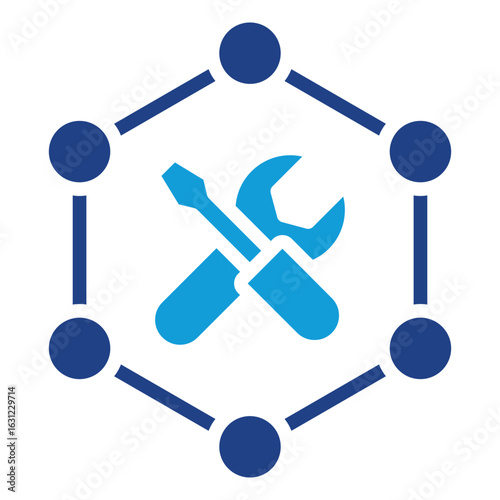 Network Tools Glyph Blue Silhouette Icon Vector Design - Hexagonal network nodes with wrench and screwdriver, symbolizing system tools across a network