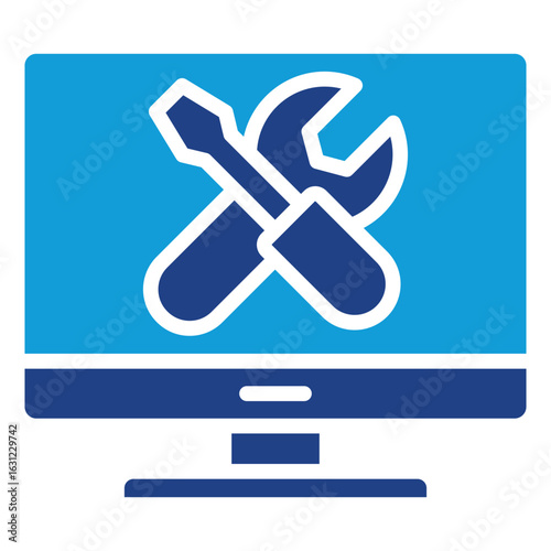 PC Tools Glyph Blue Silhouette Icon Vector Design - Desktop monitor with crossed wrench and screwdriver, symbolizing computer repair or system tools