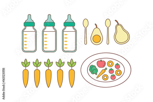 Baby Food and Feeding Supplies Collection with Bottles Carrots and Fruit baby bottle