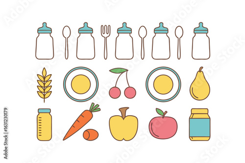 Baby Food and Feeding Utensils Collection with Bottles Fruit and Cereal baby bottle