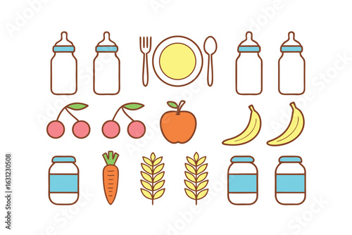 Collection of Baby Food Icons and Feeding Utensils on White Background baby bottle