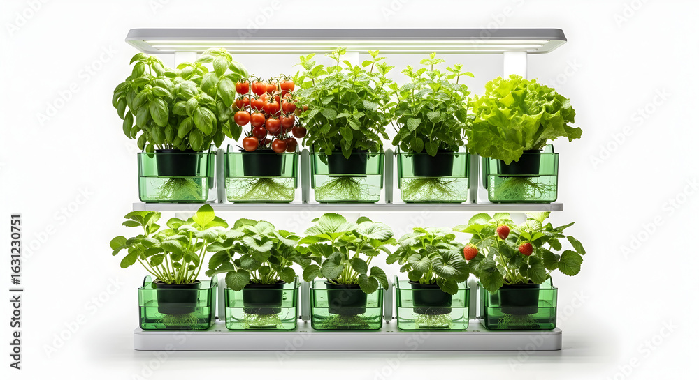 Fototapeta premium Indoor vertical hydroponic garden with lush green leafy vegetables and herbs growing under LED grow lights in a modern kitchen setting for sustainable urban farming enthusiasts