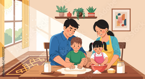 Adobe illustrator artwork vector illustration of a happy diverse family at home. Father and daughter draw while mother feeds son. Nurturing, bonding, and quality time. Flat cartoon style design