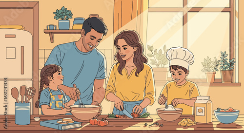 Adobe illustrator artwork vector illustration of a happy diverse family at home. Father and daughter draw while mother feeds son. Nurturing, bonding, and quality time. Flat cartoon style design