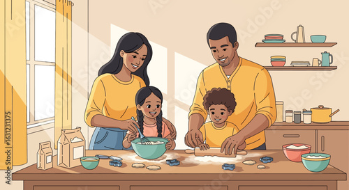 Adobe illustrator artwork vector illustration of a happy diverse family at home. Father and daughter draw while mother feeds son. Nurturing, bonding, and quality time. Flat cartoon style design