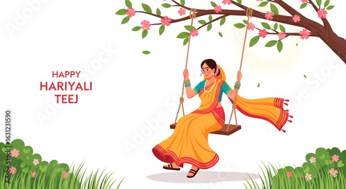 Traditional Indian woman enjoying swing under floral tree on hariyali teej with festive attire and nature background representing celebration of vrat festival of goddess parvati and lord shiva