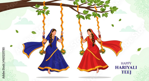 Cultural Indian women swinging with marigold flower ropes on tree during hariyali teej festival celebrating vrat of goddess parvati and lord shiva with traditional festive clothing