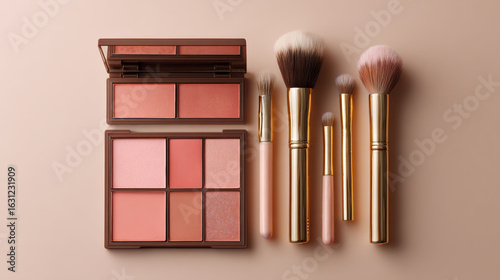 Elegant editorial shot of blush palettes and makeup brushes arranged on soft background, showcasing variety of shades and textures that evoke beauty and creativity