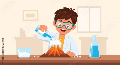Adobe Illustrator artwork vector illustration of a science experiment with erupting model volcano in lab setting, showing chemical reaction with blue liquids and foamy explosion.