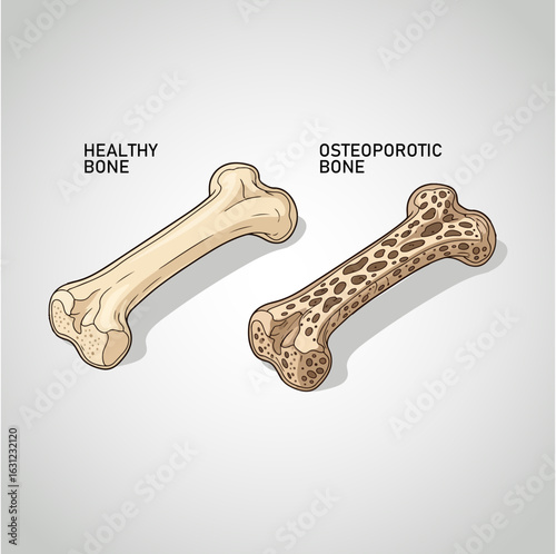 Healthy Bones and Weak Osteoporosis Vector Illustration. 