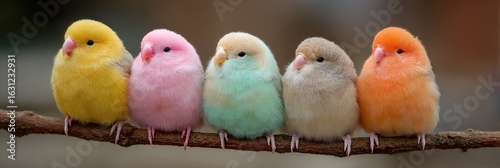 Fluffy, colorful birds perched on a branch