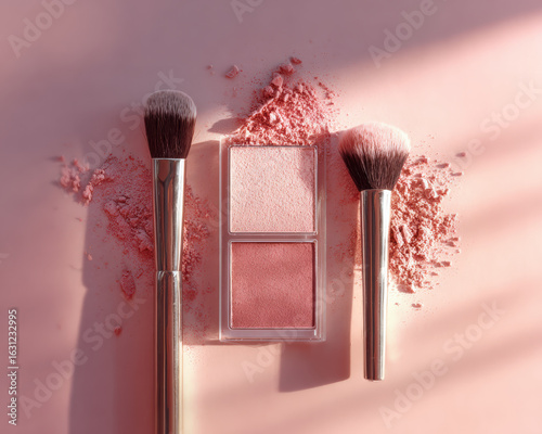 Minimalist composition featuring blush palettes and brushes on soft pink background, creating serene and elegant aesthetic. delicate arrangement evokes sense of beauty and artistry