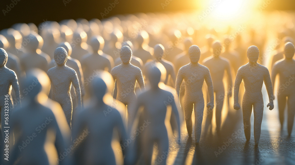 Obraz premium Crowd of figures walking towards bright light a symbolic journey
