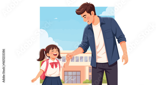 Adobe Illustrator artwork vector illustration of a father holding hands with his happy daughter in front of a school building, symbolizing education, care, and family bonding in flat cartoon style