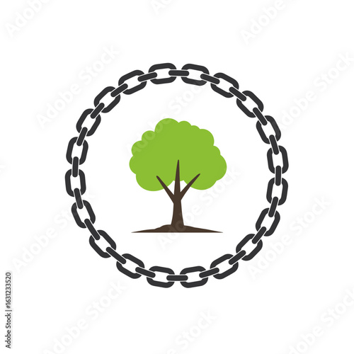 A green tree encircled by a chain, symbolizing restriction of nature, environmental control, or protection.