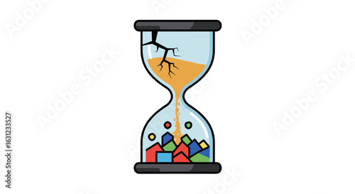 An hourglass with a crack at the top, where sand and various colorful shapes fall, symbolizing time running out and change.