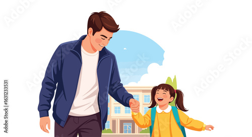 Adobe Illustrator artwork vector illustration of a father holding hands with his happy daughter in front of a school building, symbolizing education, care, and family bonding in flat cartoon style