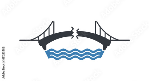 A bridge with a crack in the middle over a body of water, symbolizing disconnection, failure, or collapse.