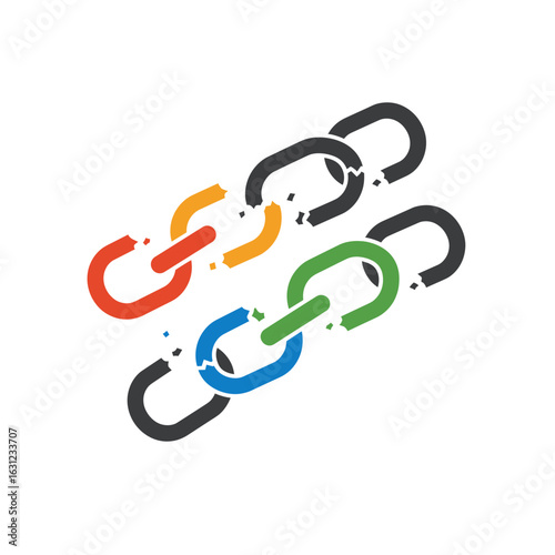 A chain with several colored links breaking apart, symbolizing freedom, separation, or system failure.