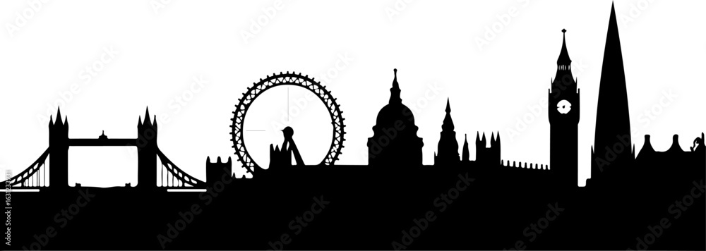 Fototapeta premium London tower silhouette, skyline, silhouette, city, architecture, vector, building, london, tower, europe, travel, cityscape, landmark, illustration, urban, church, town, paris, black, sky, view, buil