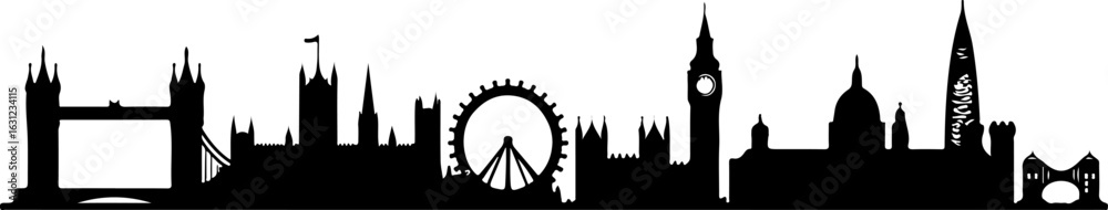 Fototapeta premium London tower silhouette, skyline, silhouette, city, architecture, vector, building, london, tower, europe, travel, cityscape, landmark, illustration, urban, church, town, paris, black, sky, view, buil